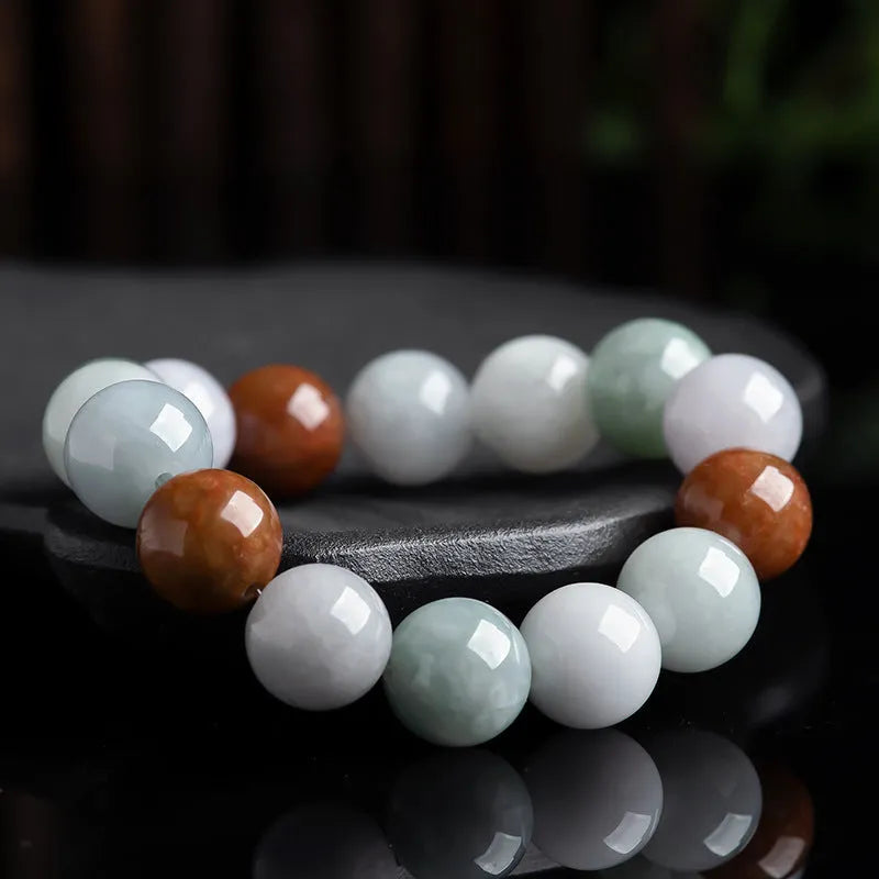 Women's natural Myanmar jade bracelet with three-colour 13mm beads and certificate