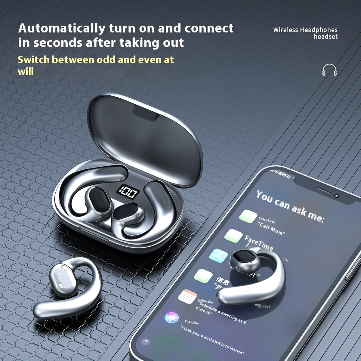 Black and white ear-mounted Bluetooth headset with digital display screen showing non in-ear design