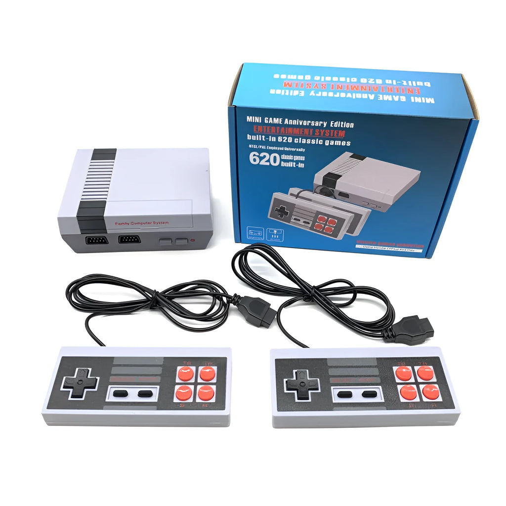 Compact black NES retro game console with two wired red button controllers on a white background.