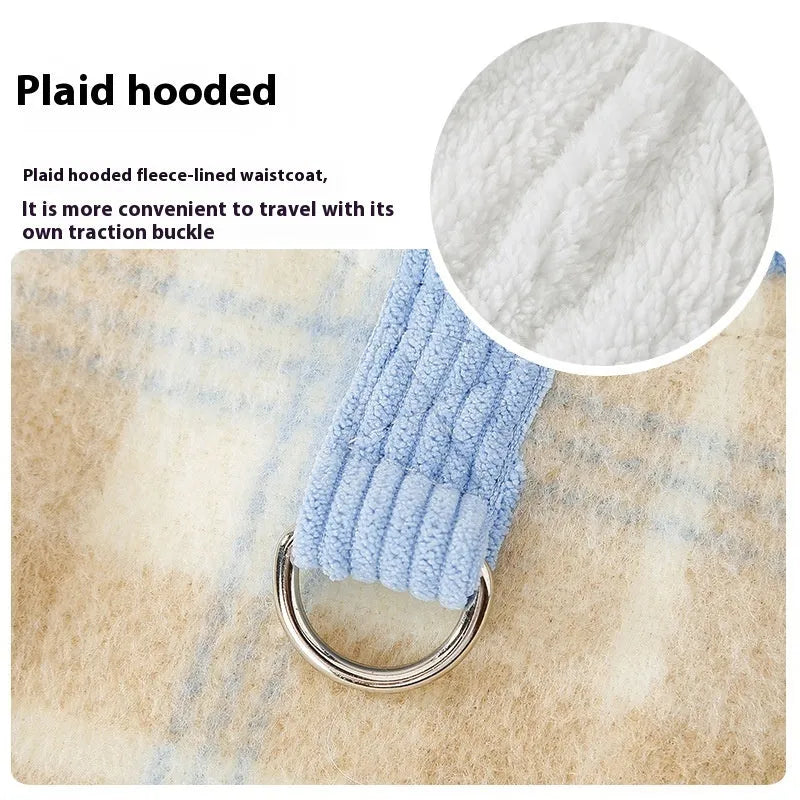 Blue corduroy dog hoodie with a chessboard grid pattern and a matching hood, shown on a small dog.