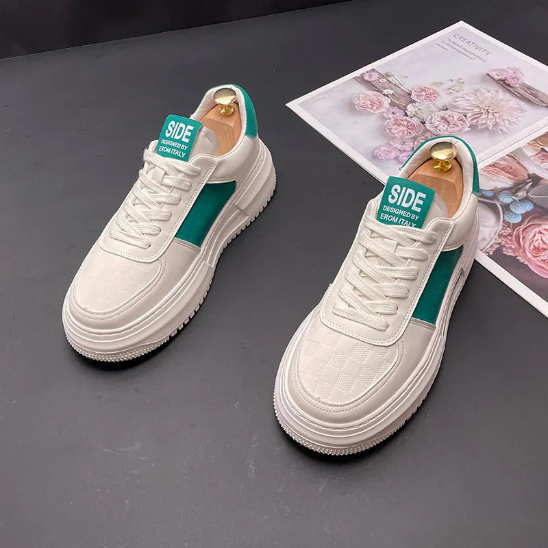 White cloth sports casual shoes with green or black accents and rubber foam soles
