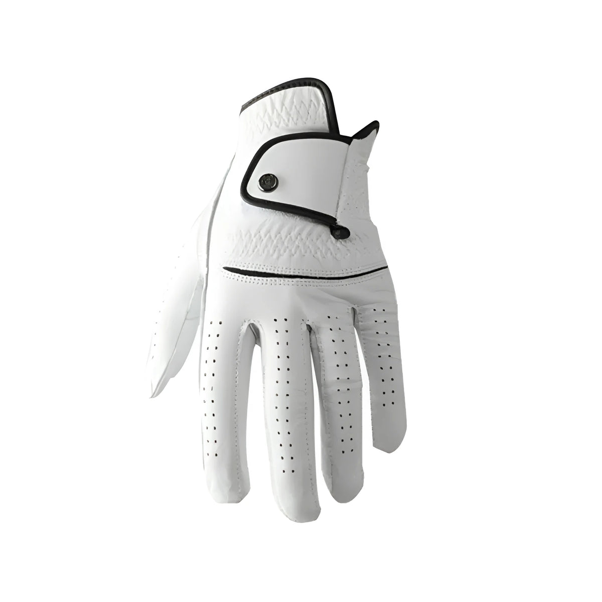 White men's golf glove made from half sheepskin leather showing palm grip detail