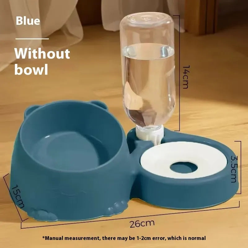 Automatic pet drinking fountain with two stainless steel bowls, shown in haze blue colour.