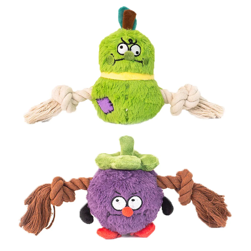 Green and purple plush dog toy with rope knots and a molar tooth shape for tug of war and chewing.