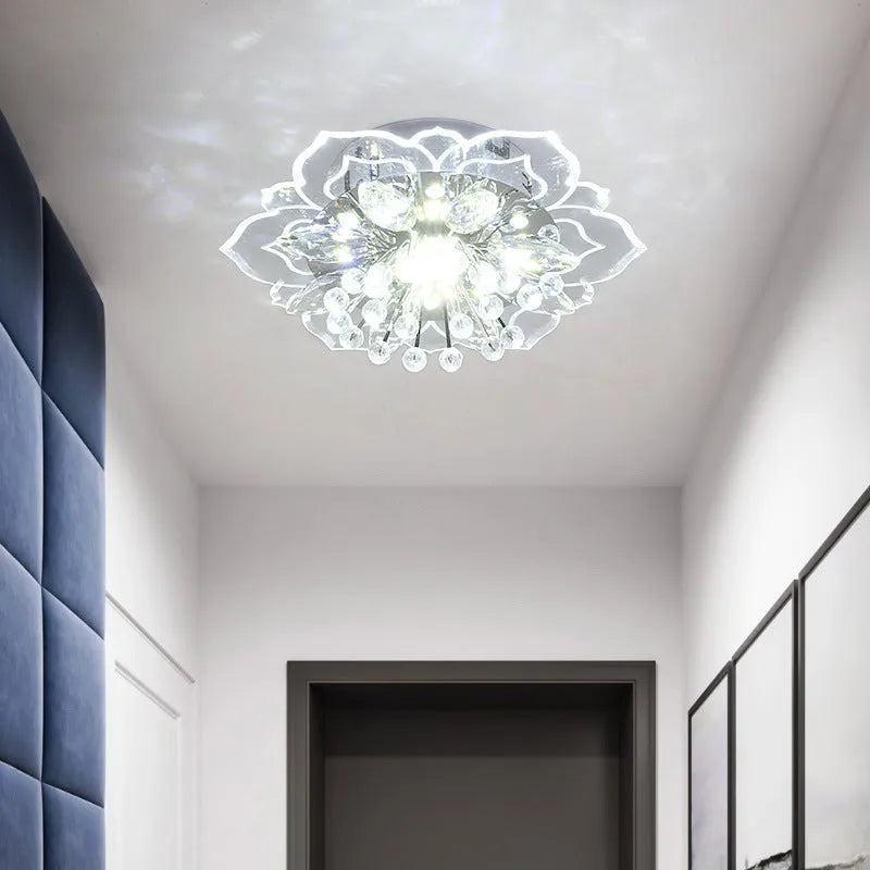 Modern crystal ceiling lamp with flower-shaped shade for living room or bedroom lighting