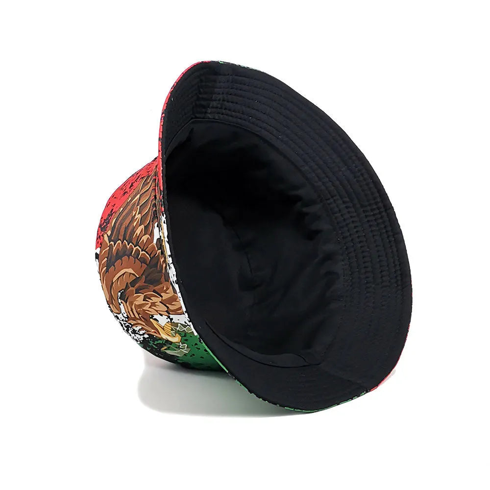 Polyester bucket hat with eagle pattern design and dome crown shape