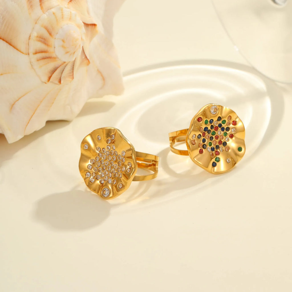 Geometric open mouth stainless steel ring with electroplated colourful crystals or white diamonds