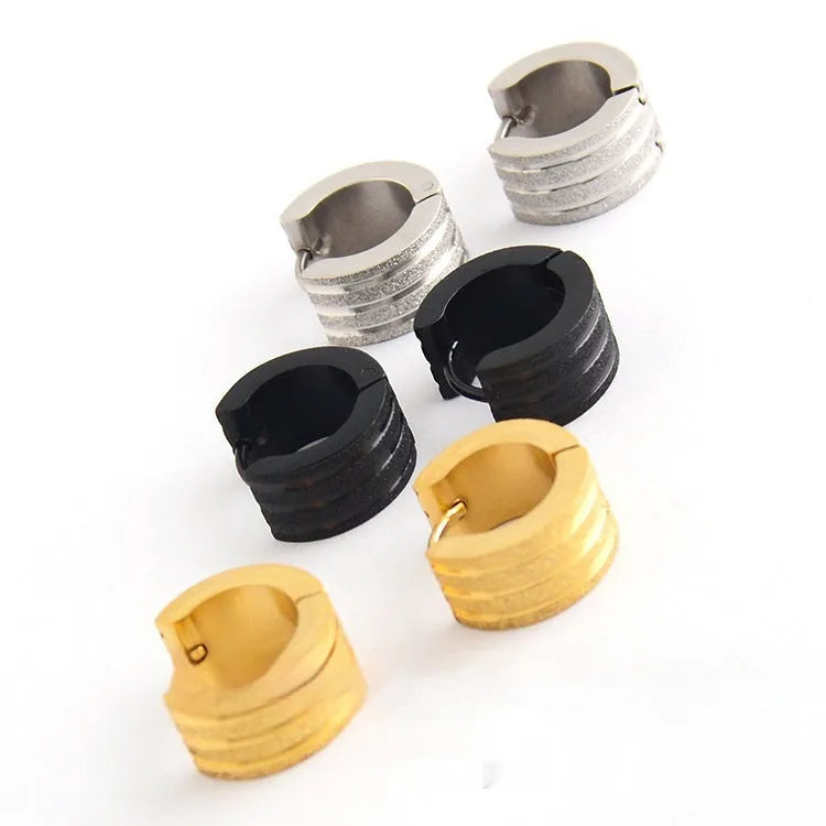 Three-line geometric frosted titanium steel earrings with Korean style electroplated finishes in steel, black or gold