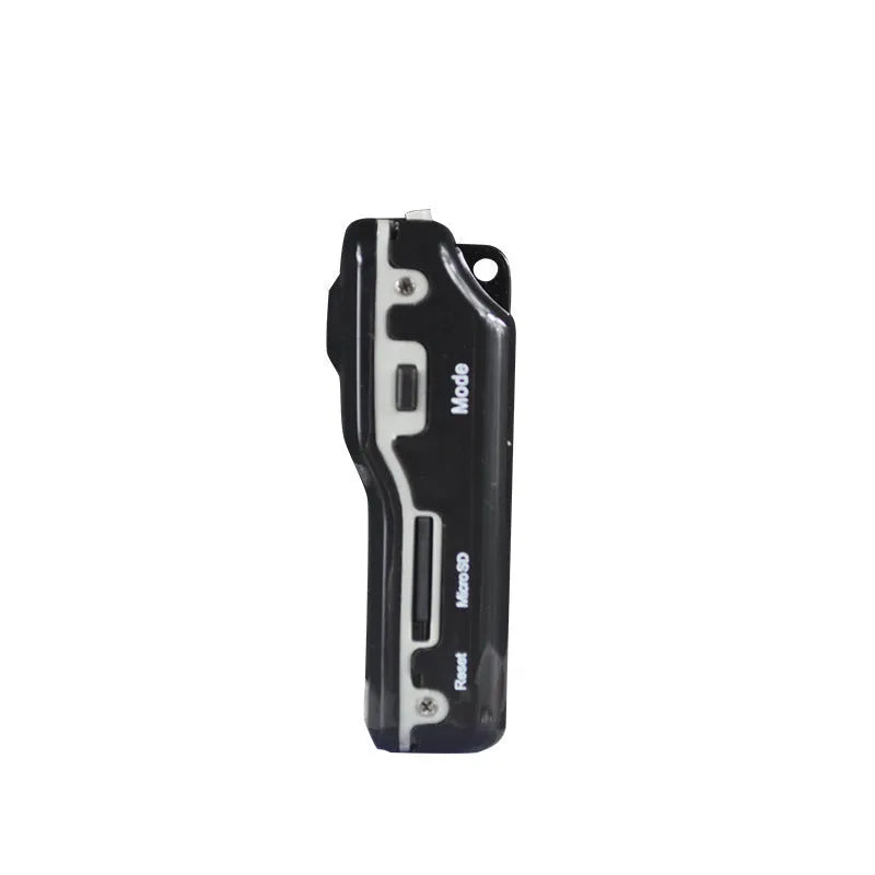 Black mini USB card camera with 720x480 video, 1280x1024 images, DC 5V charging, and MINI 5pin USB interface