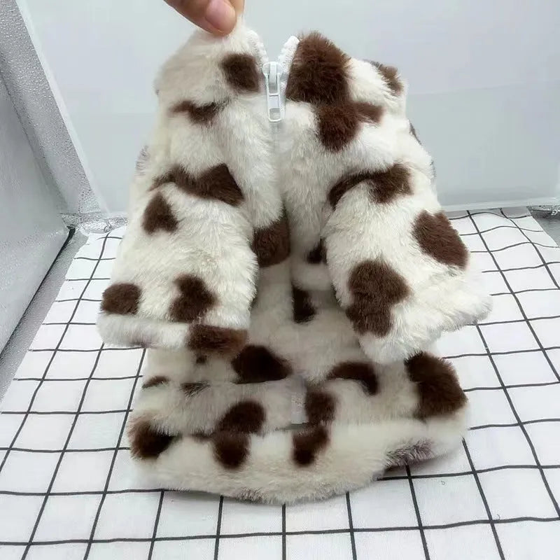Small dog wearing British style plush warm coat in pink or brown colour