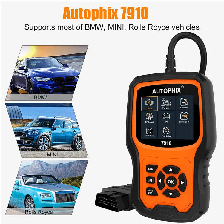 Autophix 7910 BMW diagnostic tool with display showing fault codes and connection cable
