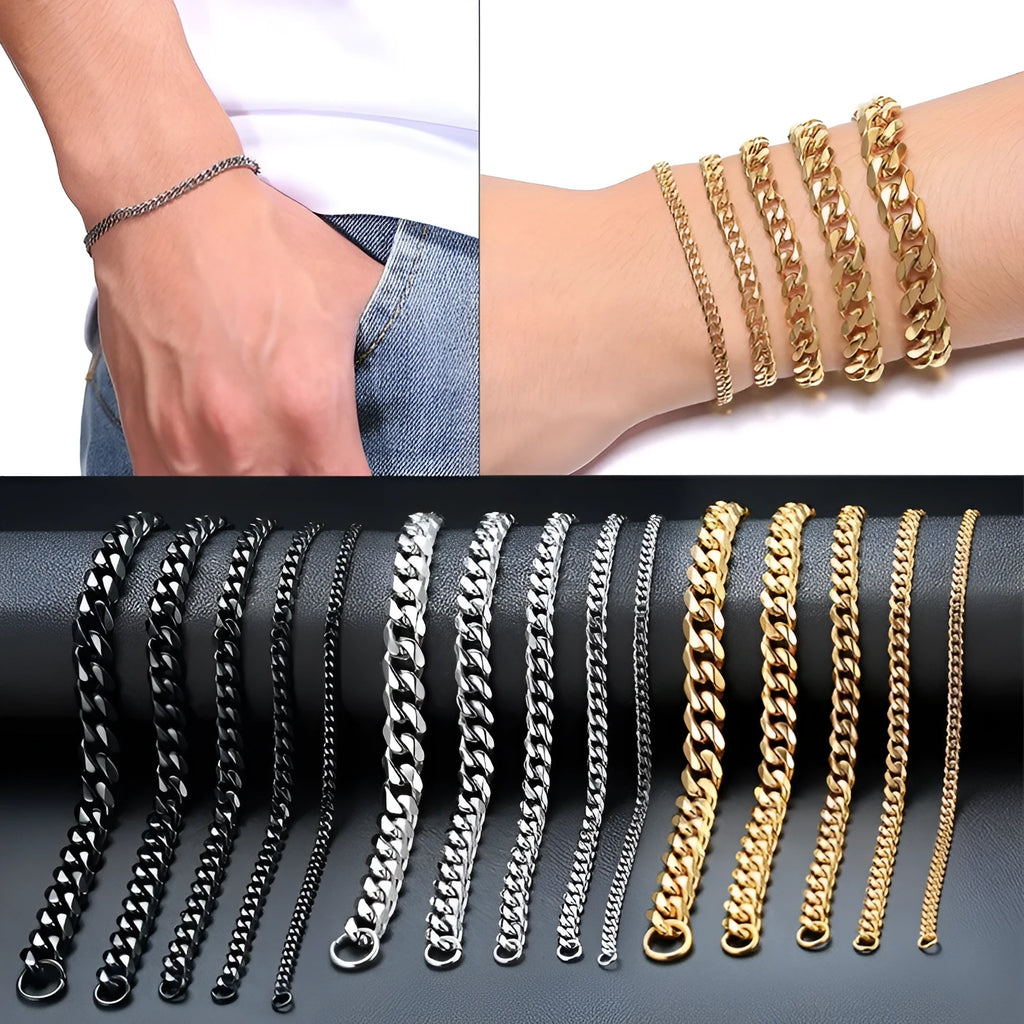 Geometric six-sided Cuban link metal bracelet in gold finish on a grey background.