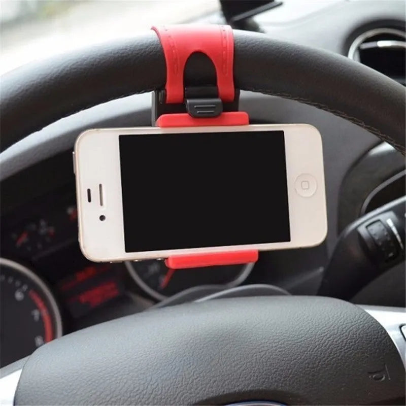 Black steering wheel phone mount with elastic clip and silicone padding for smartphones