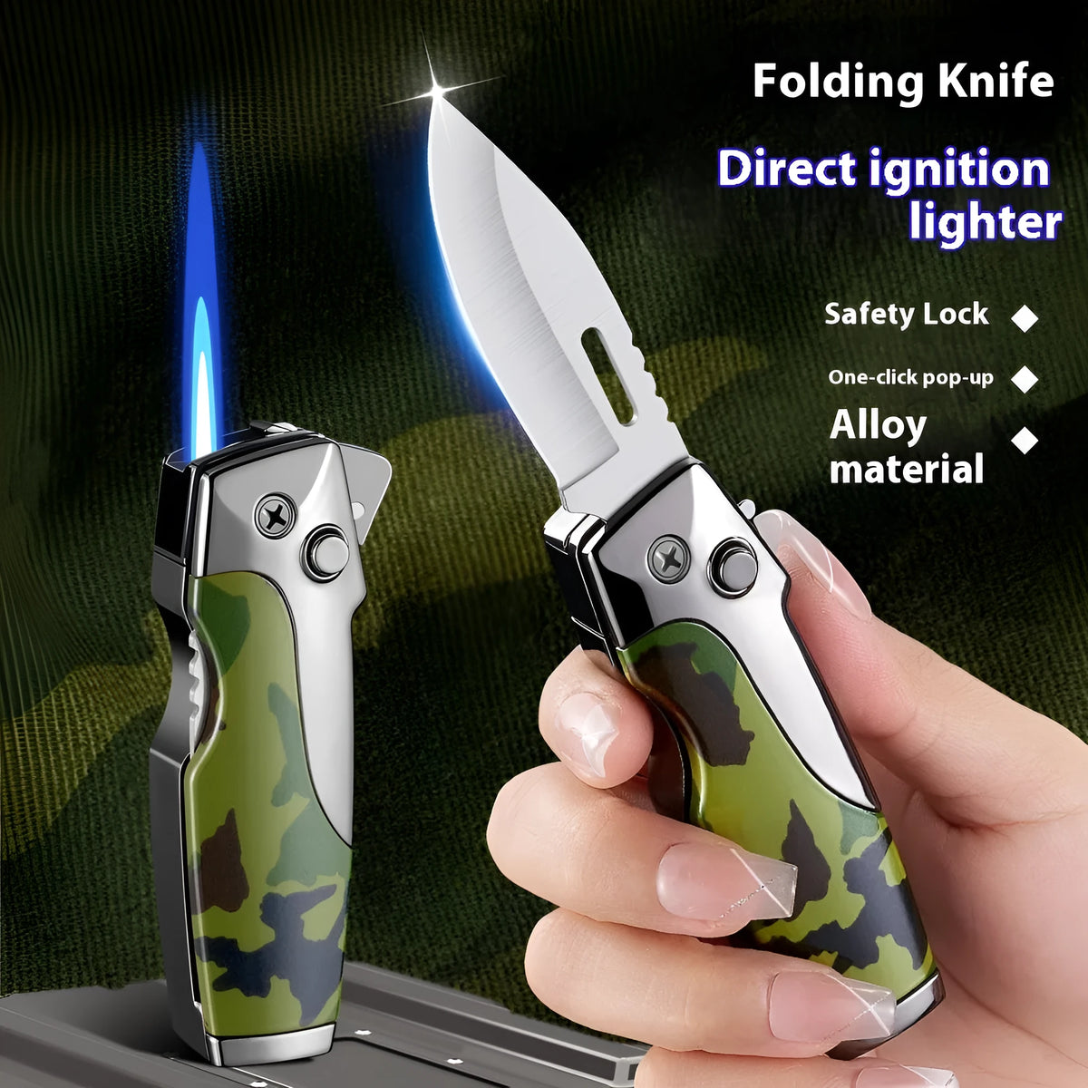 Outdoor metal folding lighter with integrated knife in various colour and texture finishes