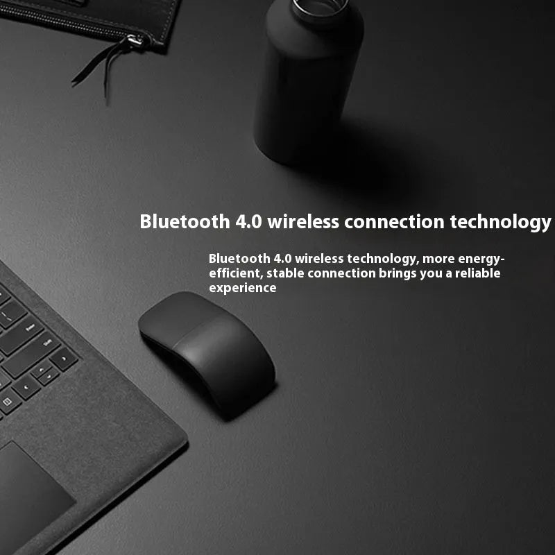 Folding Bluetooth wireless mouse showing compact 131mm size with touch scrolling surface in black colour
