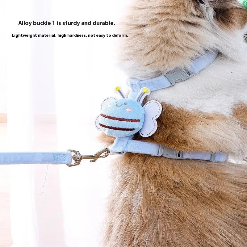 Bee shape adjustable cat leash harness in polyester material with strap and hand holding rope