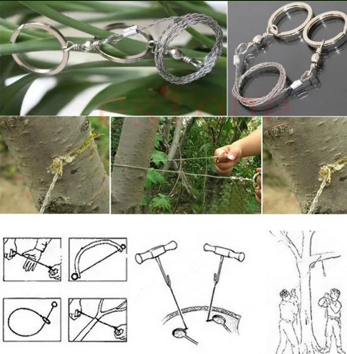 Survival wire saw with thumb rings extended to 70cm total length on a background.