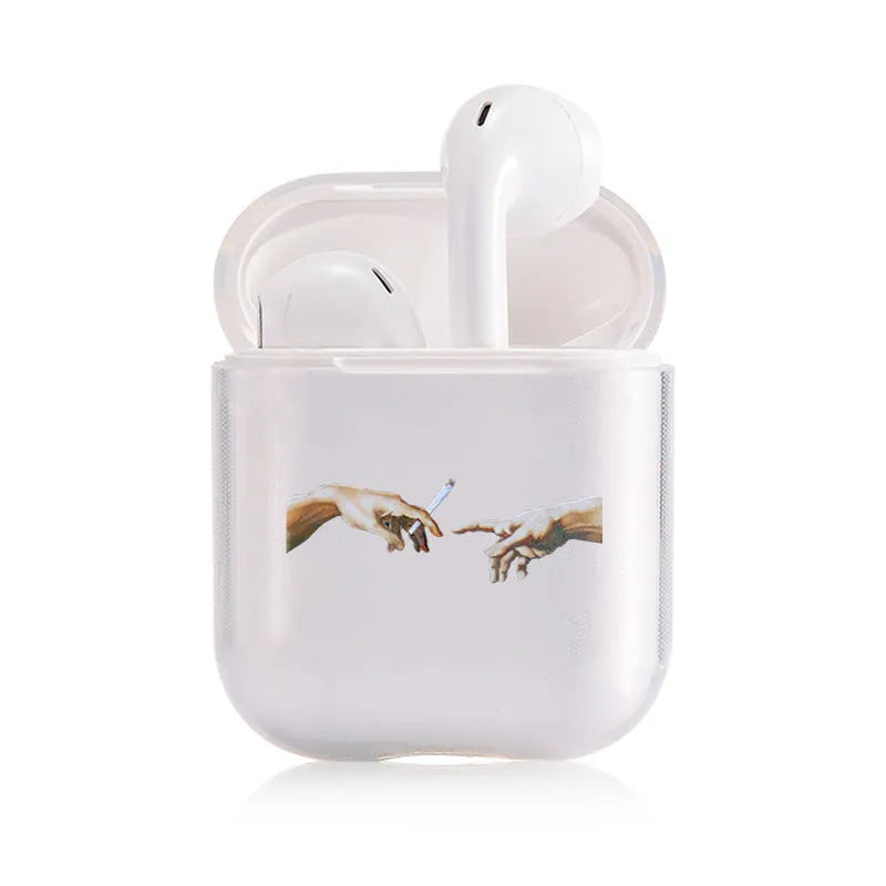 Clear plastic protective cover on a white Apple AirPods charging case.