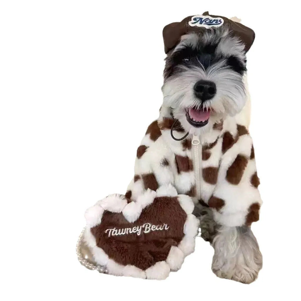 Small dog wearing British style plush warm coat in pink or brown colour
