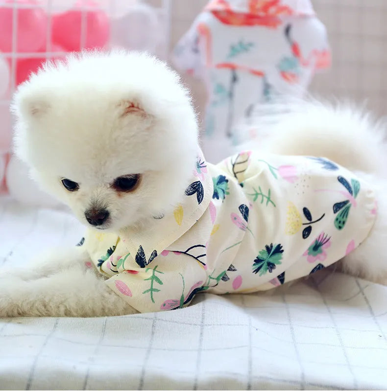 Small dog thin summer shirt in flamingo or dragonfly design, sizes XS to XL
