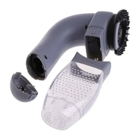 Grey portable electric pet hair vacuum cleaner with grooming brush.