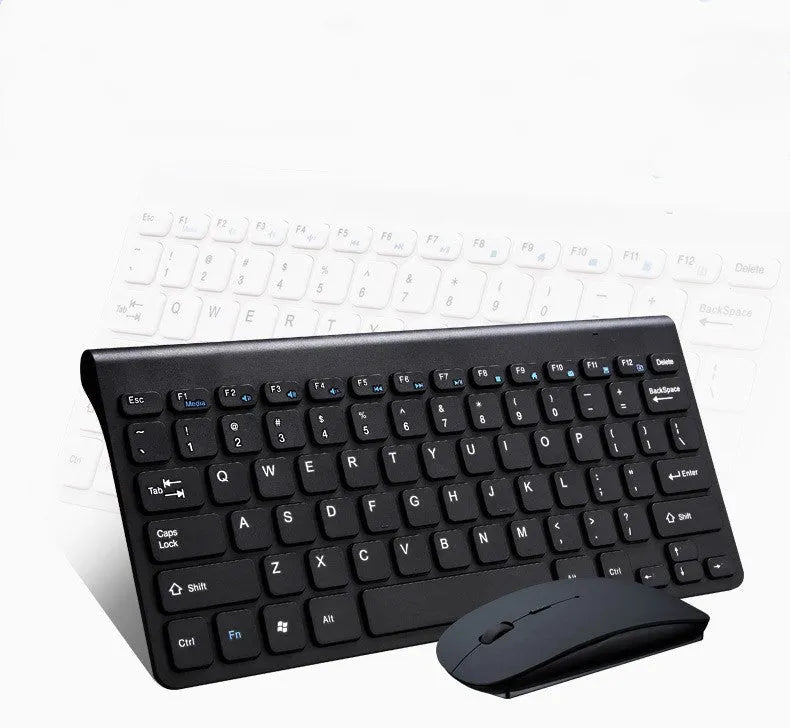 Black and white wireless keyboard and mouse set with USB receiver on desk