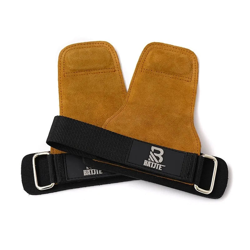 Brown leather wrist protectors for horizontal bar pull-ups and push-ups with adjustable hook-and-loop closures