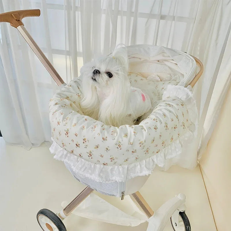 Pure cotton pet stroller cushion set with removable pillow, cushion, and anti-dirty towel in a floral pattern.