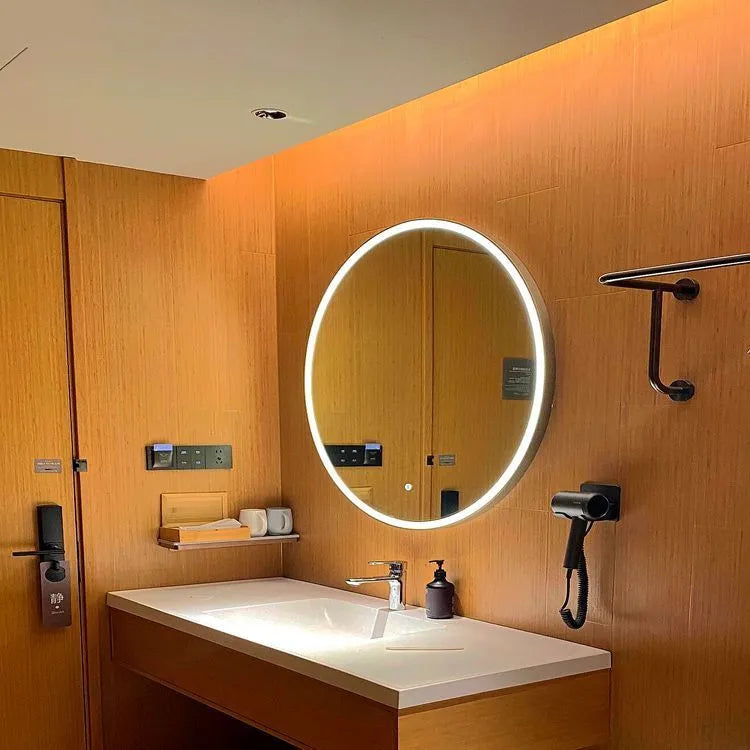 Round black aluminium alloy frame wall-mounted LED smart bathroom mirror with touch control