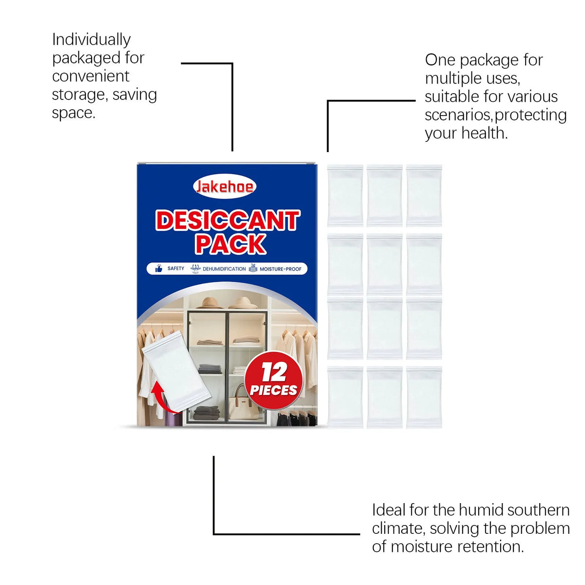 Pack of 12 calcium chloride desiccant bags for household moisture absorption