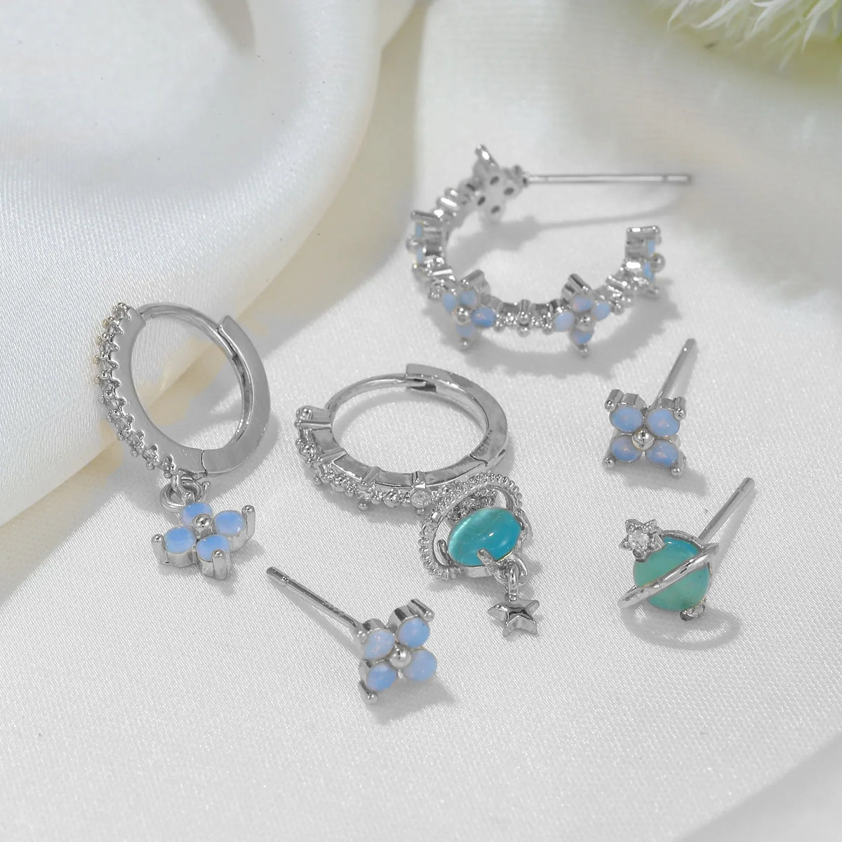 Japanese Korean style flower earrings with blue protein nail design and zircon mosaic on gold/silver metal