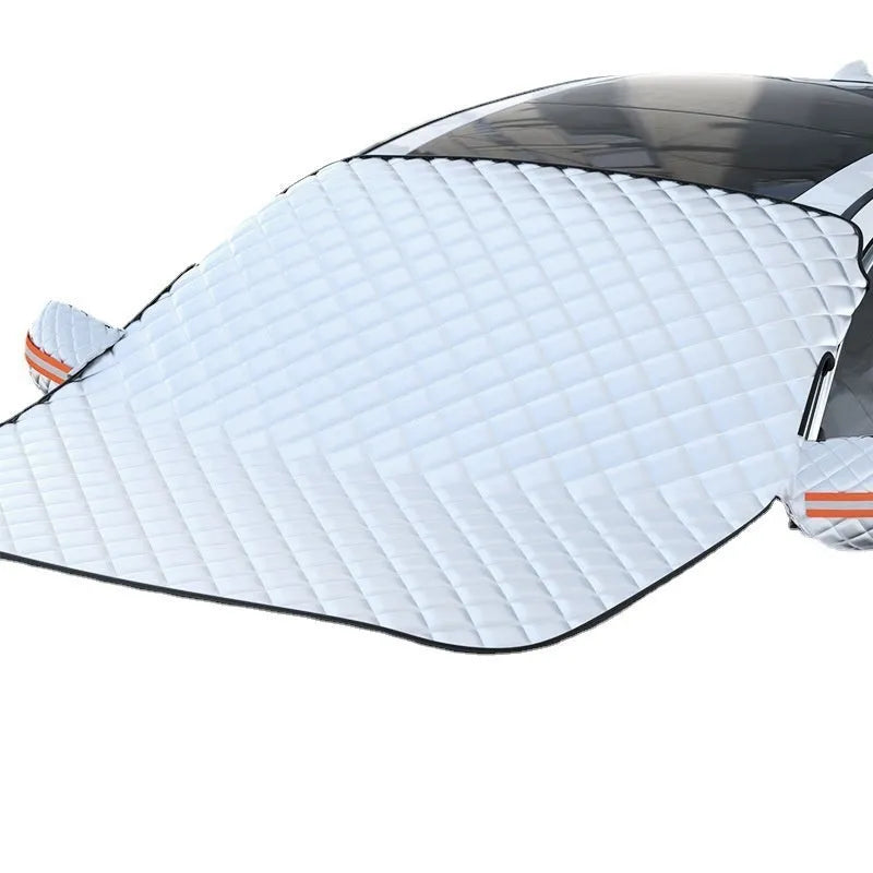 Aluminium foil car windscreen cover with edge reflective stripes for SUV frost protection.