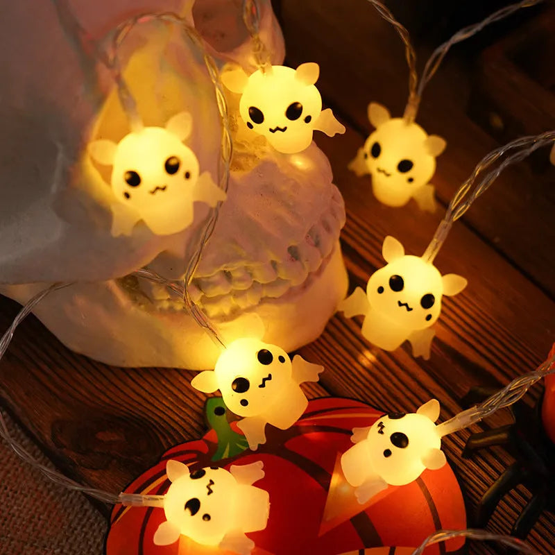 Halloween LED string lights with PVC pumpkin ghost bat skull covers, battery box, warm white, IP43, indoor outdoor use