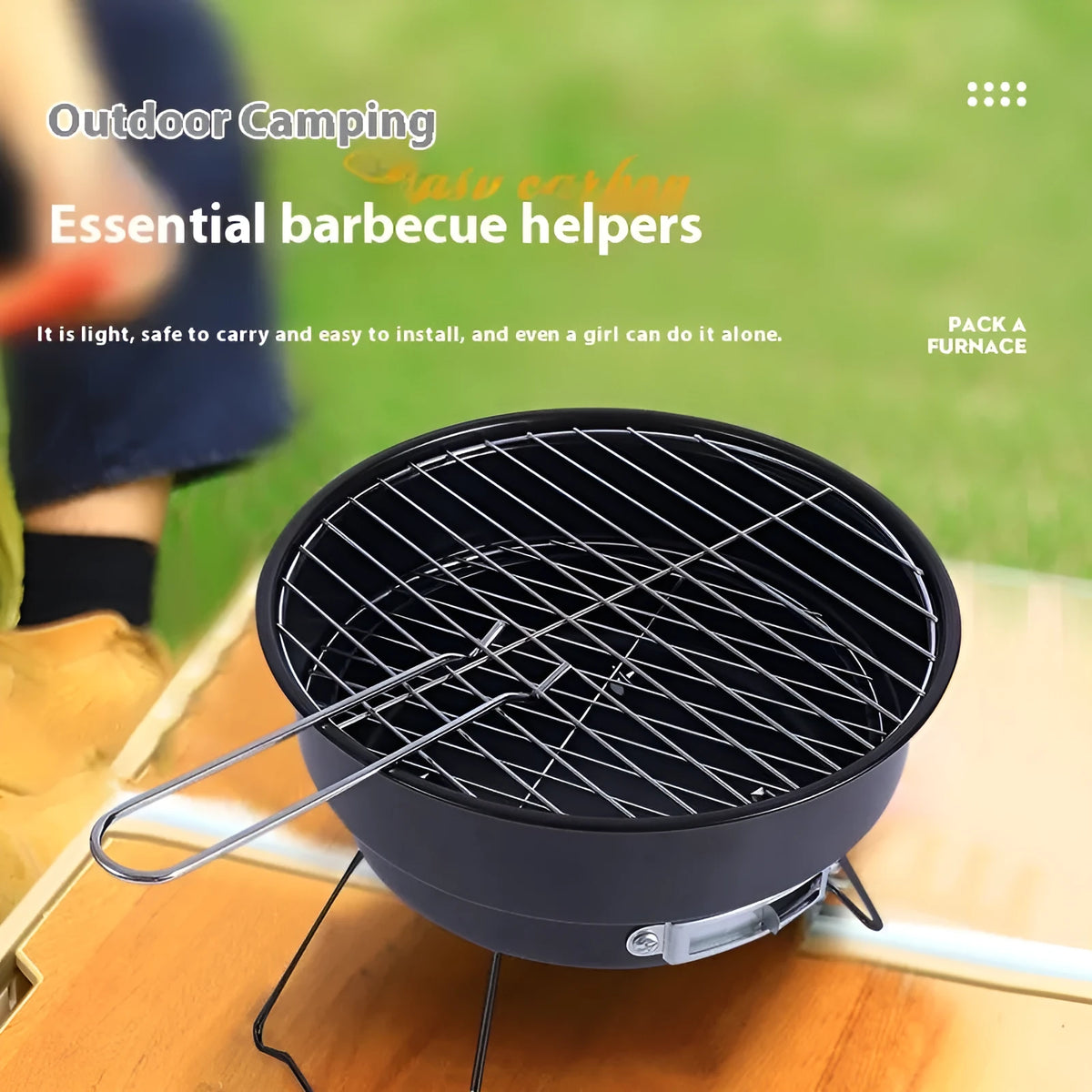 Small folding round ice stove with barbecue grill and accessories for 1-2 person outdoor cooking