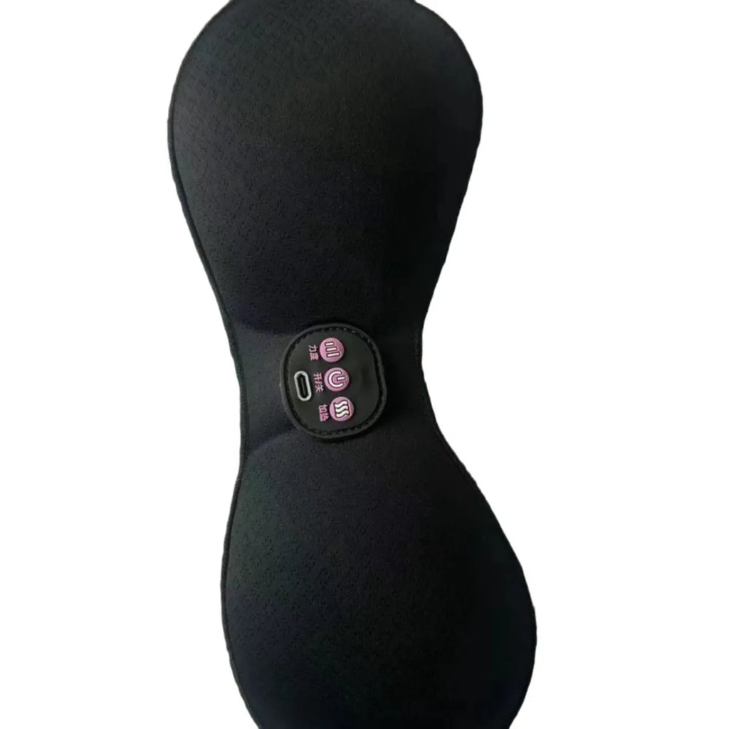 Black electric massage bra inner cushion accessory with 3-key control pad and chest stickers.