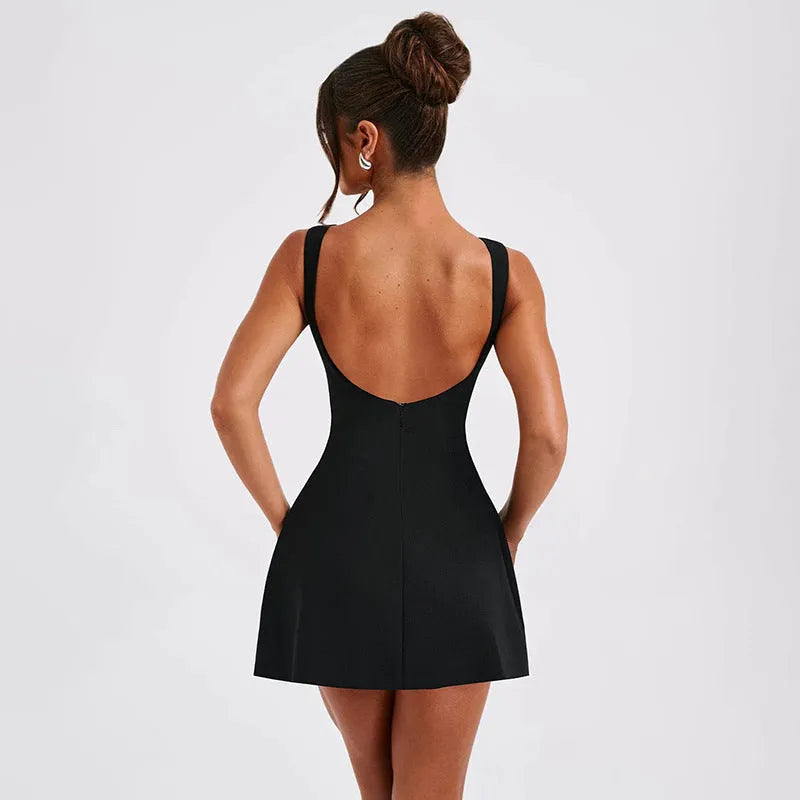 Women's slim-fitting backless sleeveless dress in a sling style with a high waist and short skirt.
