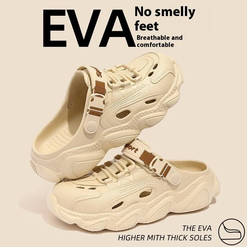 Men's khaki and black outdoor slippers with hollow-out patterned EVA soles for breathability.