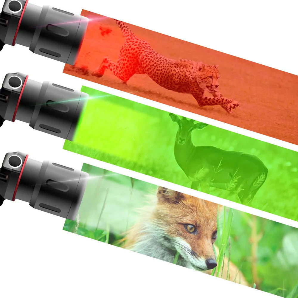 T6 LED zoom headlamp showing white, green, and red light modes on a head strap
