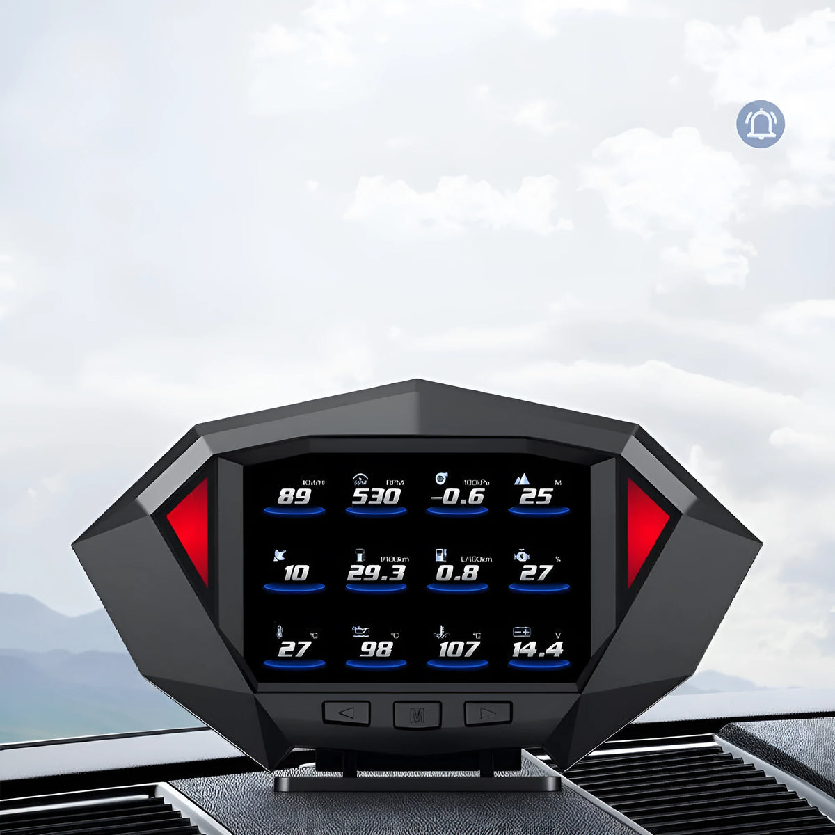 P1 vehicle HUD head-up display unit with LCD screen in black ABS+PC housing measuring 147x93x45mm