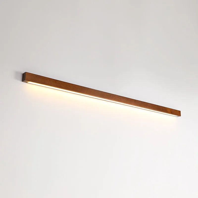 Walnut colour wooden strip wall lamp with LED lighting in minimalist design