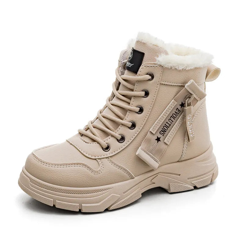 Women's plus size fleece-lined snow boots with tall upper crown and lace-up front