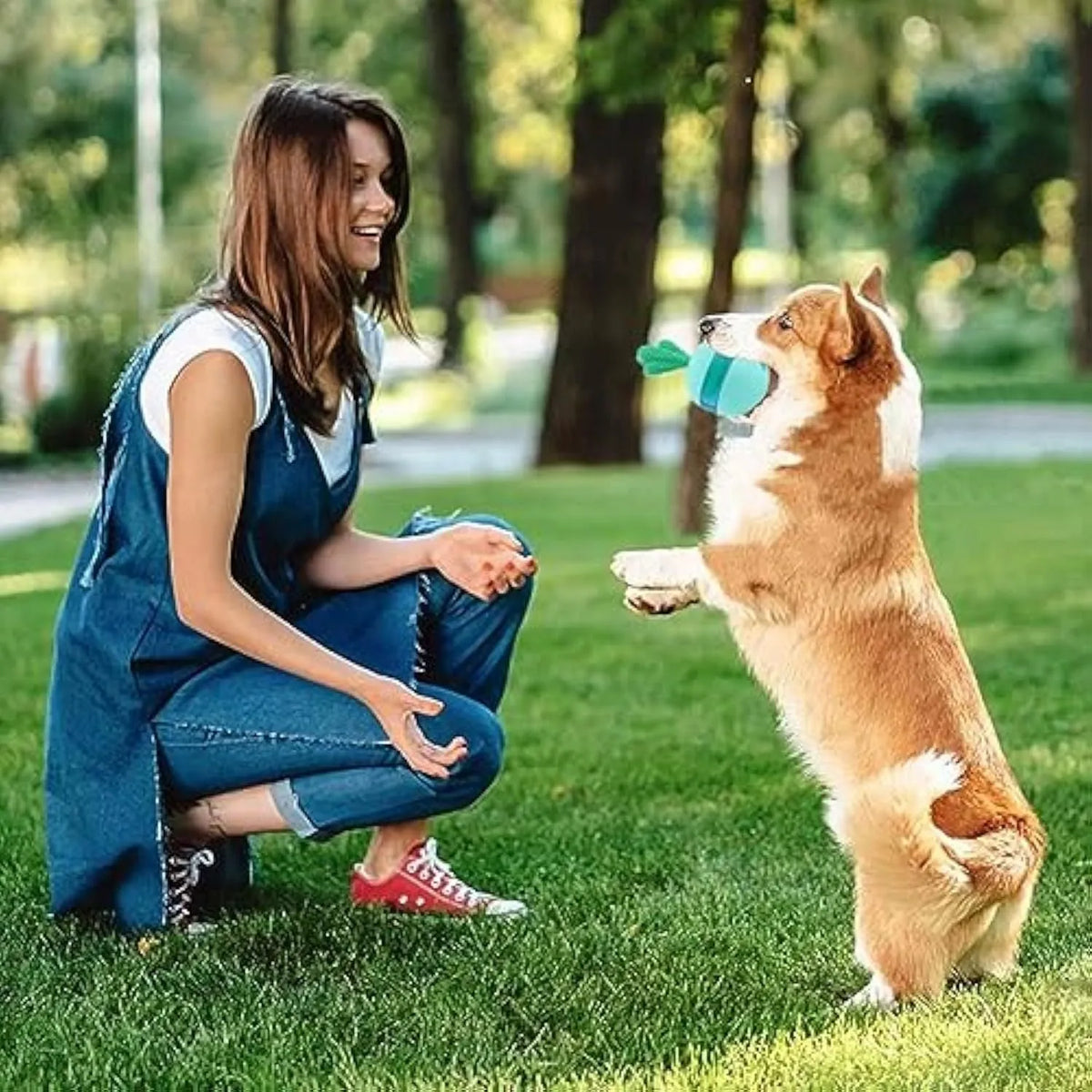 Blue durable rubber treat dispensing tumbler ball dog toy for medium large dogs