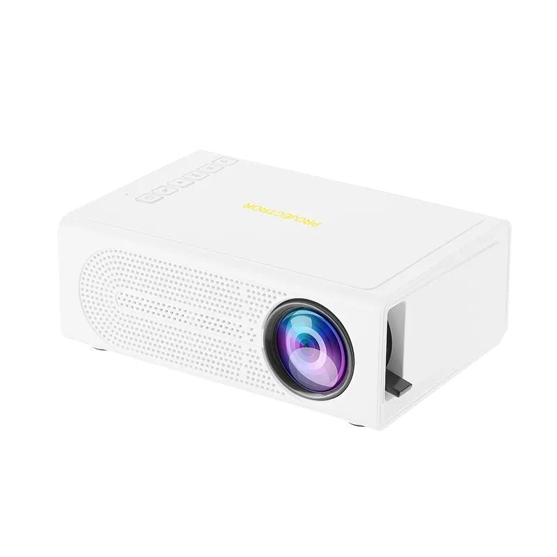 Portable mini projector in black colour showing compact design with connection ports