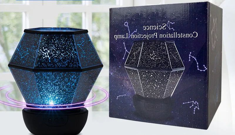 Children's rotating star night light showing three colour LED illumination in bedroom setting