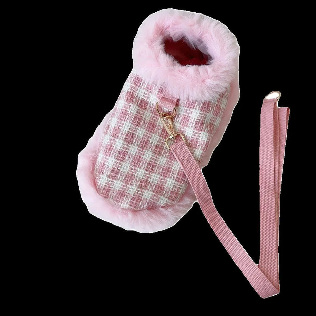 Pink cat winter cloak and beret set with hand-holding rope leash attachment shown in multiple sizes