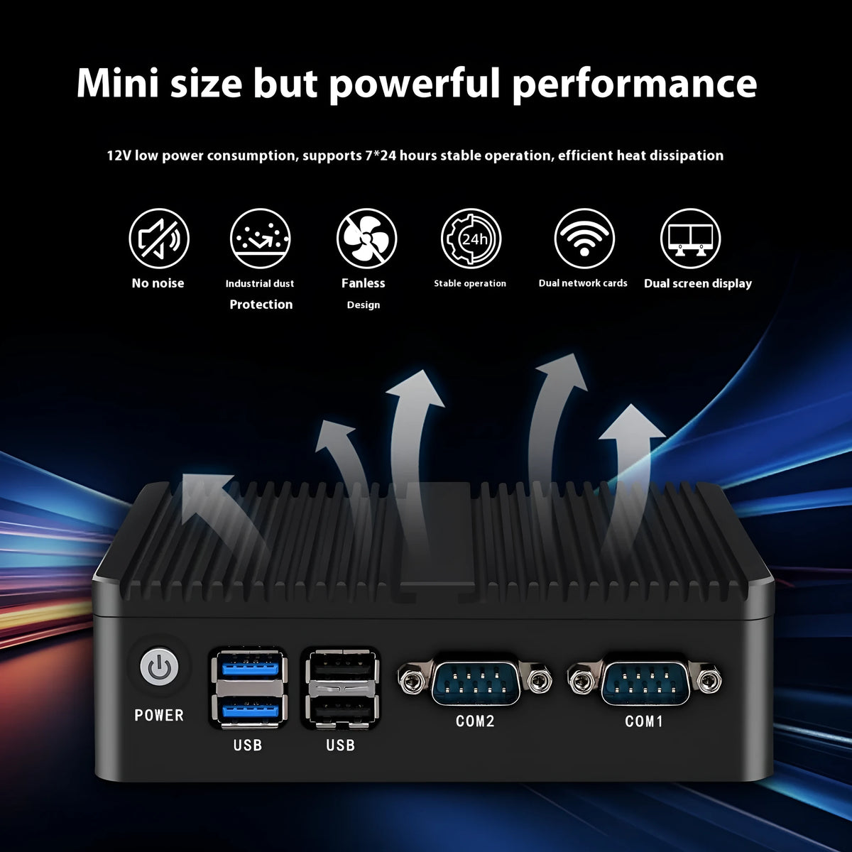 Industrial fanless mini PC host with quad-core processor and dual network ports