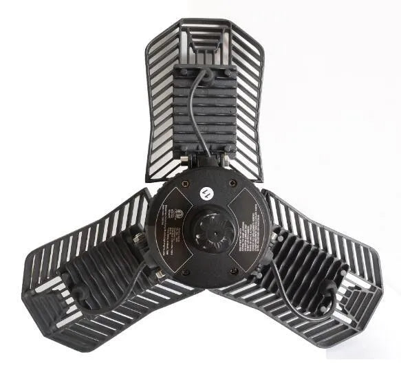 Waterproof industrial foldable garage LED lamp with die-cast aluminium housing in open position