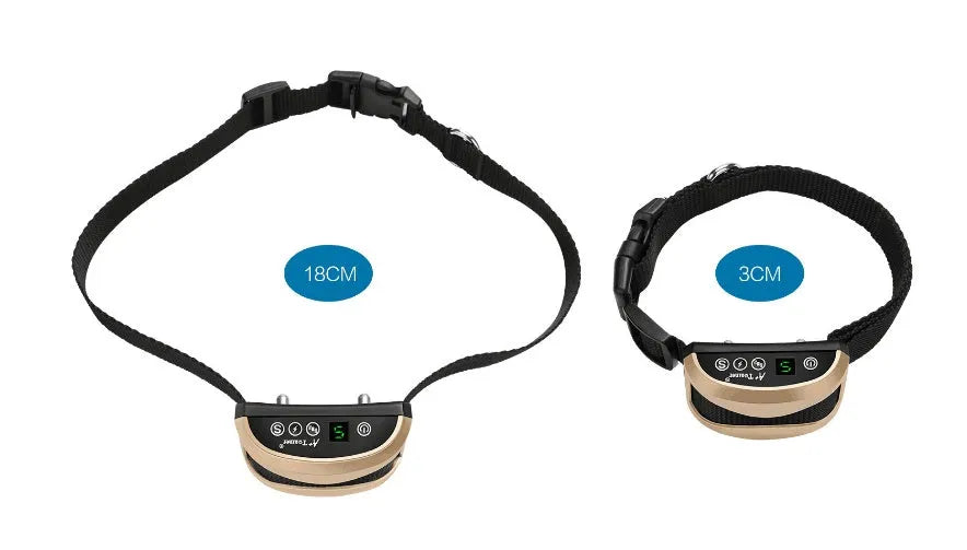 Black electronic anti-bark dog collar with digital display and adjustable strap on a grey background.