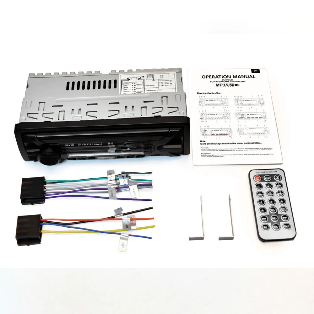 Front view of a black car radio MP3 player with LCD display, rotary volume knob, and buttons for Bluetooth, USB, and radio.