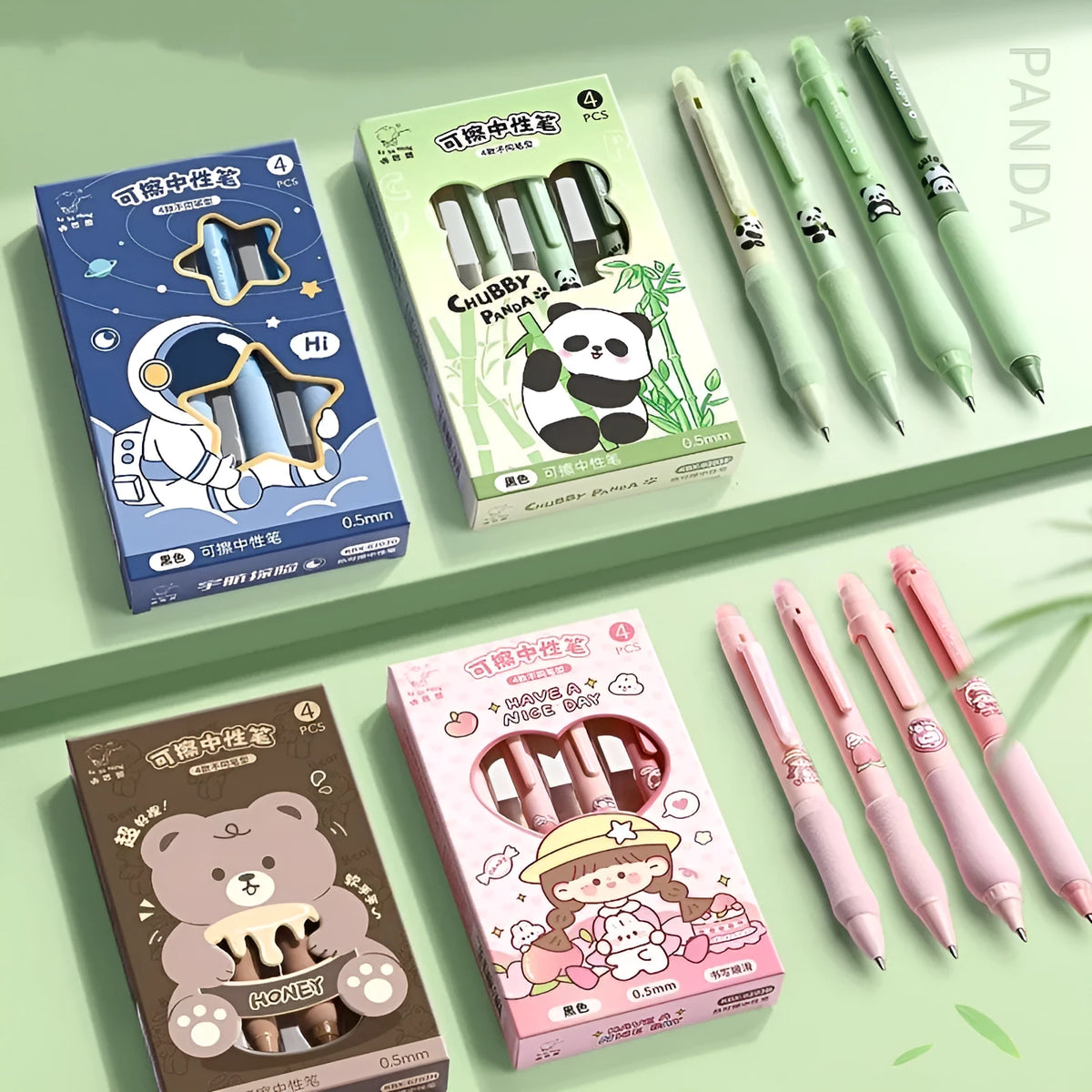 Erasable cartoon press gel pen with 0.5mm tip in various black and blue design options.